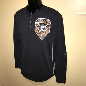 Men's American Fighter Henley Roll Tab Knit Sleeve Long Sleeve Shirt-Size M